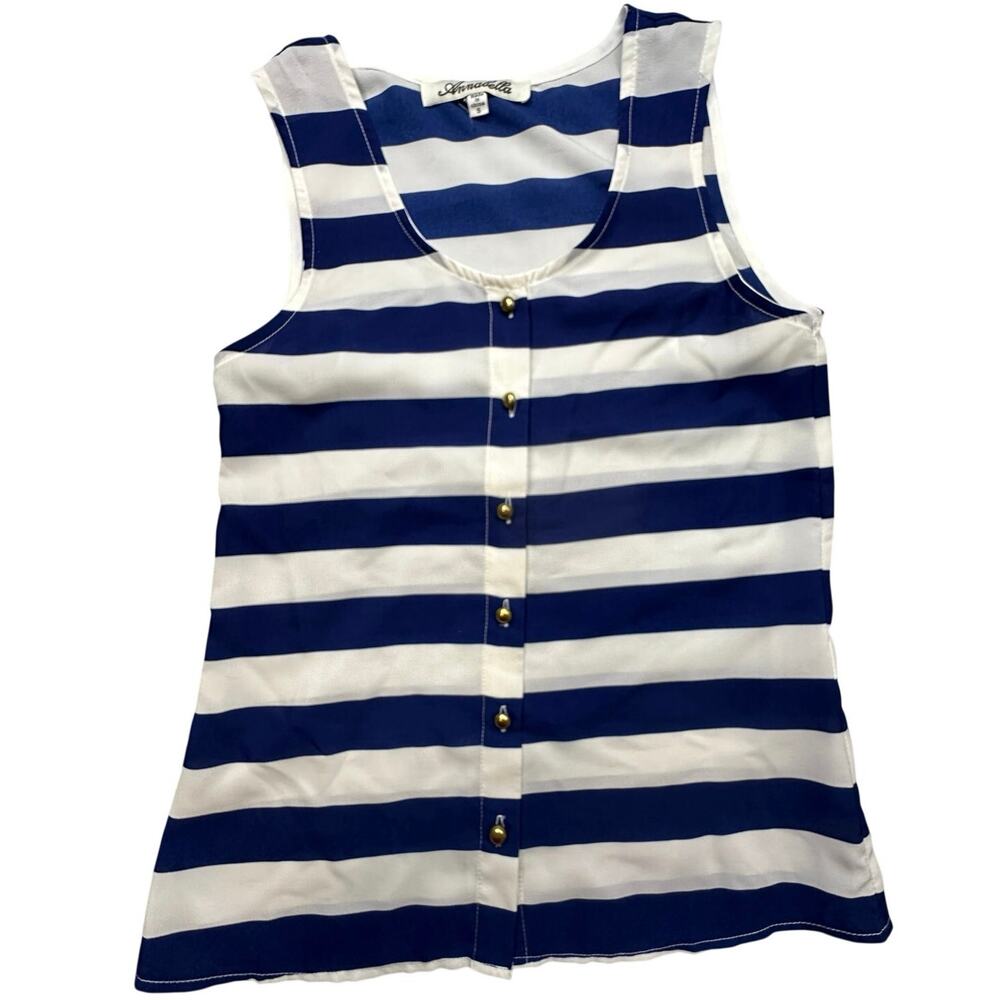 Annabella Blue Striped Tank Top Gold Button Sheer Size S